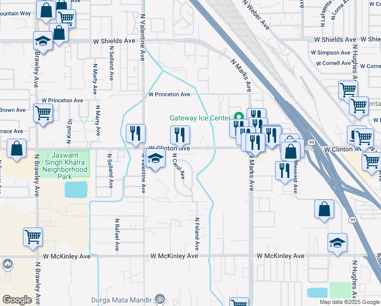 map of restaurants, bars, coffee shops, grocery stores, and more near 3245 West Vassar Avenue in Fresno