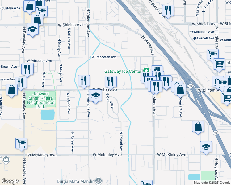 map of restaurants, bars, coffee shops, grocery stores, and more near 3245 West Vassar Avenue in Fresno