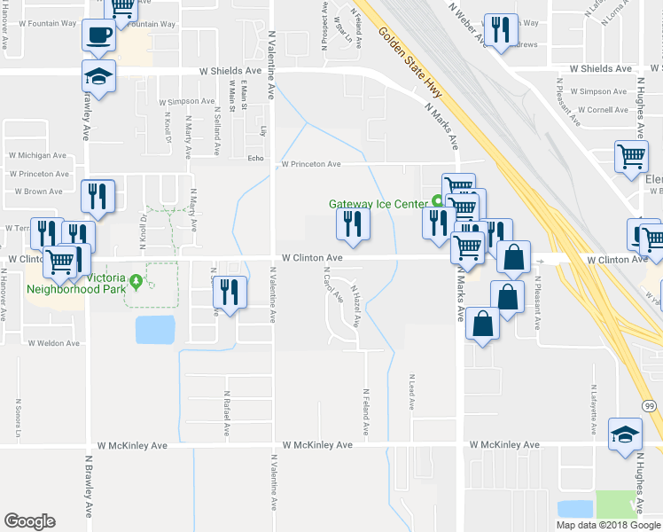 map of restaurants, bars, coffee shops, grocery stores, and more near 3245 West Vassar Avenue in Fresno