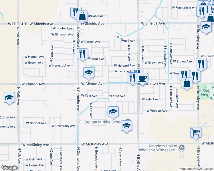 map of restaurants, bars, coffee shops, grocery stores, and more near 2362 North Milburn Avenue in Fresno