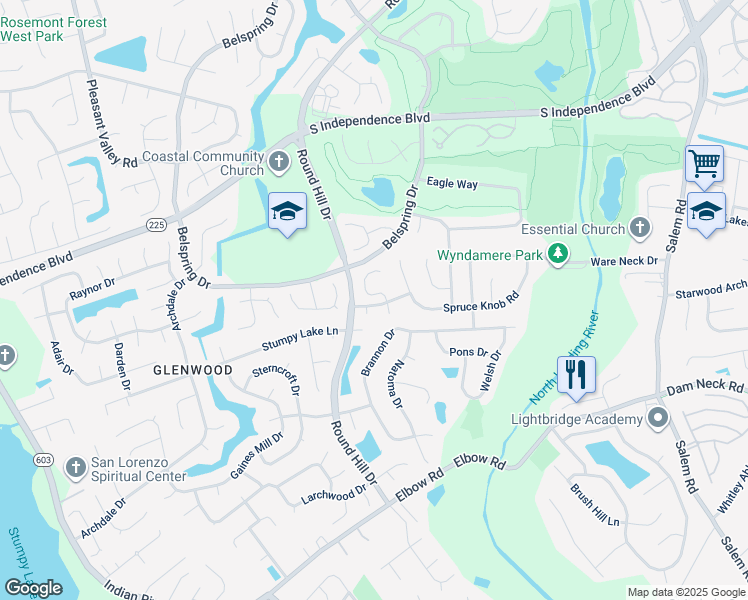 map of restaurants, bars, coffee shops, grocery stores, and more near 2453 Rollingview Court in Virginia Beach
