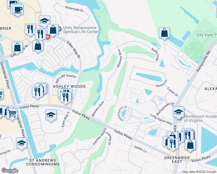 map of restaurants, bars, coffee shops, grocery stores, and more near 1305 Niblick Court in Chesapeake