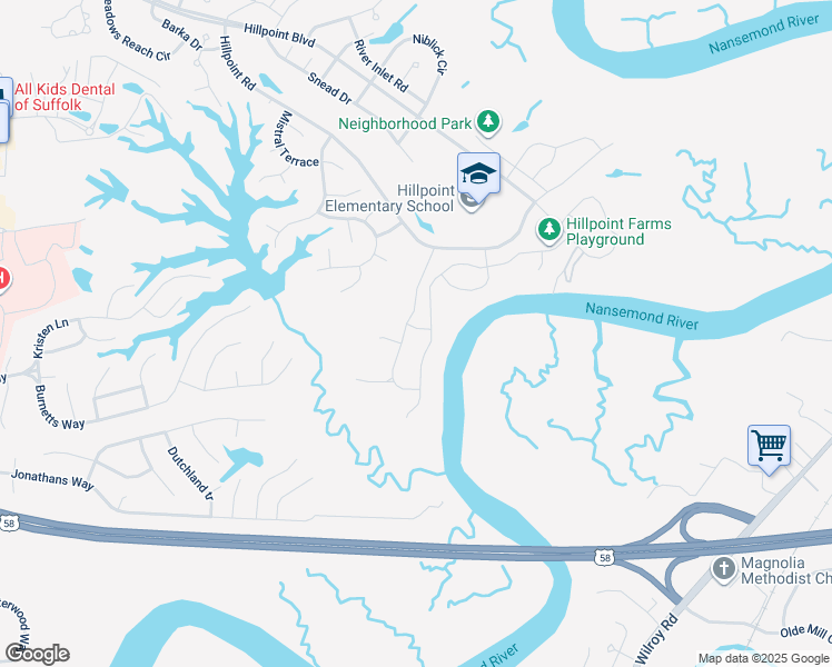 map of restaurants, bars, coffee shops, grocery stores, and more near 2709 Adderly Place in Suffolk