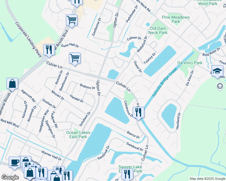 map of restaurants, bars, coffee shops, grocery stores, and more near 1068 Casanova Drive in Virginia Beach