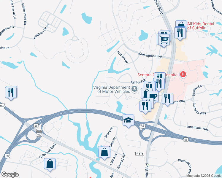 map of restaurants, bars, coffee shops, grocery stores, and more near 113 Berkshire Boulevard in Suffolk