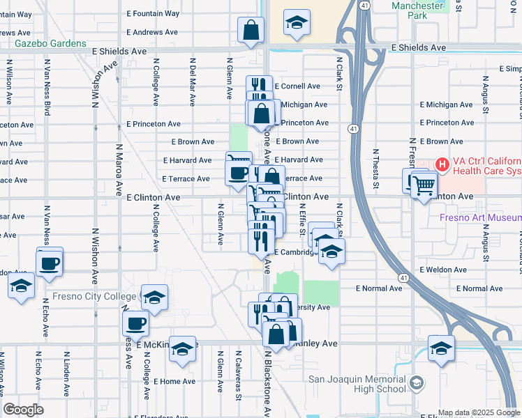 map of restaurants, bars, coffee shops, grocery stores, and more near 1608 East Vassar Avenue in Fresno