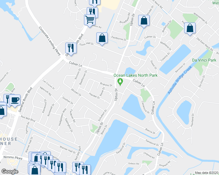 map of restaurants, bars, coffee shops, grocery stores, and more near 1209 Brahms Drive in Virginia Beach