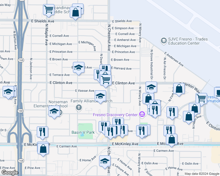 map of restaurants, bars, coffee shops, grocery stores, and more near 2312 North Chestnut Avenue in Fresno