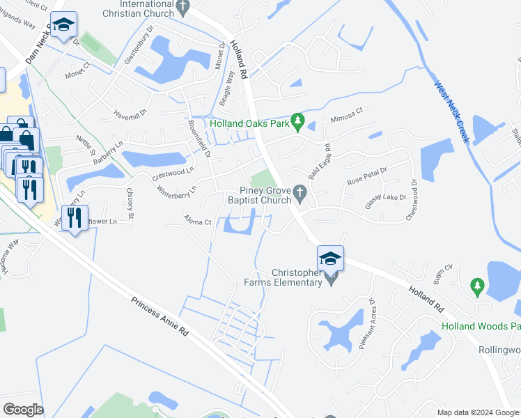 map of restaurants, bars, coffee shops, grocery stores, and more near 3045 Damascus Trail in Virginia Beach