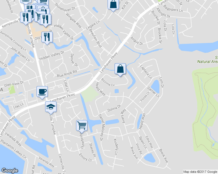 map of restaurants, bars, coffee shops, grocery stores, and more near 2333 Bizzone Circle in Virginia Beach