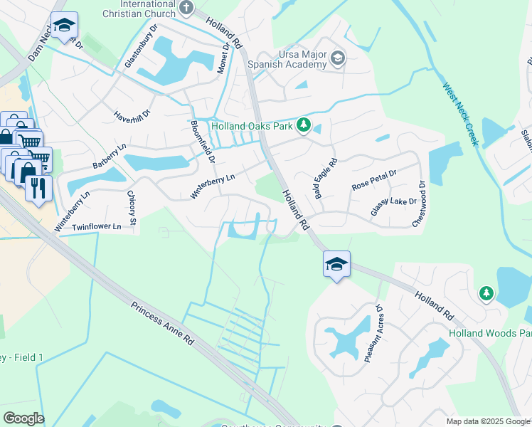 map of restaurants, bars, coffee shops, grocery stores, and more near 3045 Damascus Trail in Virginia Beach
