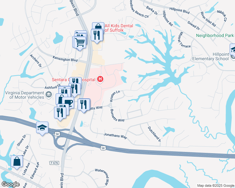 map of restaurants, bars, coffee shops, grocery stores, and more near 104 Elmington Way in Suffolk