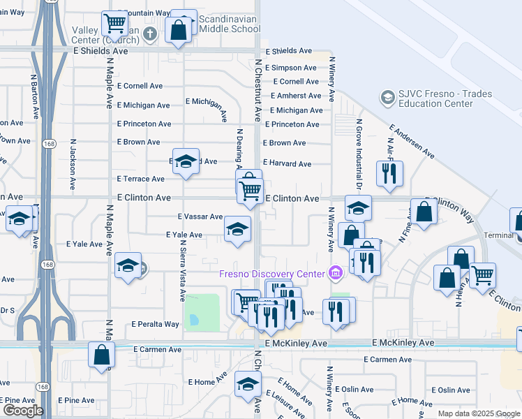 map of restaurants, bars, coffee shops, grocery stores, and more near 4807 East Yale Avenue in Fresno
