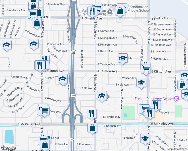 map of restaurants, bars, coffee shops, grocery stores, and more near 2228 North Maple Avenue in Fresno