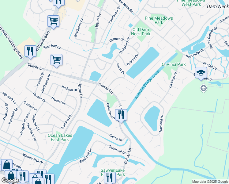 map of restaurants, bars, coffee shops, grocery stores, and more near 1048 Casanova Drive in Virginia Beach