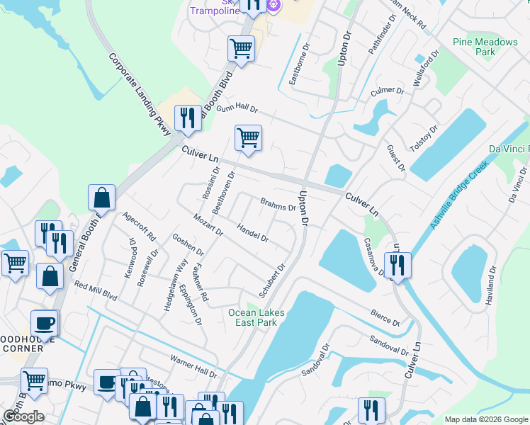 map of restaurants, bars, coffee shops, grocery stores, and more near 1916 Ravel Drive in Virginia Beach