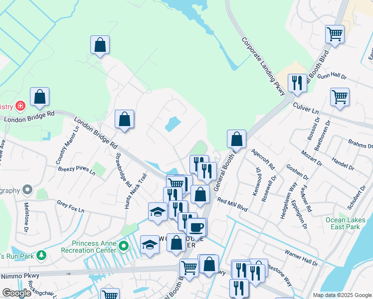 map of restaurants, bars, coffee shops, grocery stores, and more near 1945 Lewisham Way in Virginia Beach