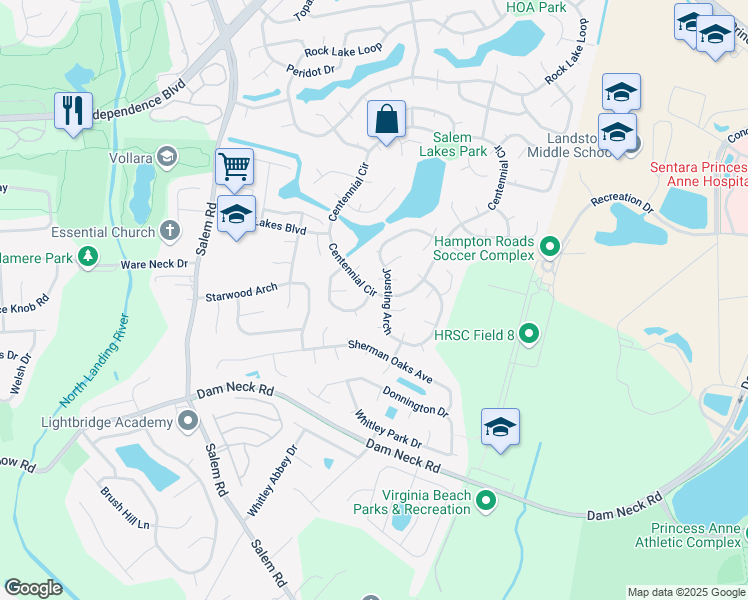 map of restaurants, bars, coffee shops, grocery stores, and more near 2007 Kashiwa Court in Virginia Beach