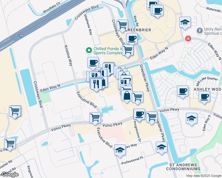 map of restaurants, bars, coffee shops, grocery stores, and more near 745 Eden Way North in Chesapeake