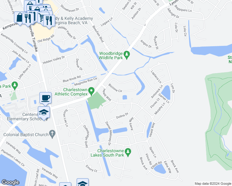 map of restaurants, bars, coffee shops, grocery stores, and more near 2337 Bizzone Circle in Virginia Beach