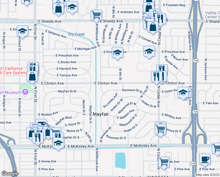 map of restaurants, bars, coffee shops, grocery stores, and more near 3733 Kenmore Drive North in Fresno