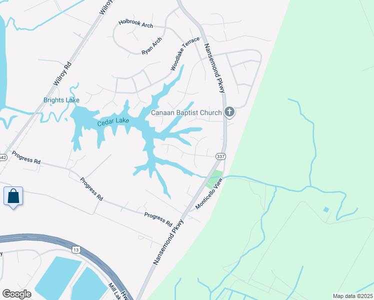 map of restaurants, bars, coffee shops, grocery stores, and more near 2524 Woodland Trail in Suffolk