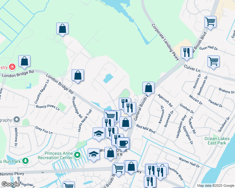 map of restaurants, bars, coffee shops, grocery stores, and more near 1945 Lewisham Way in Virginia Beach