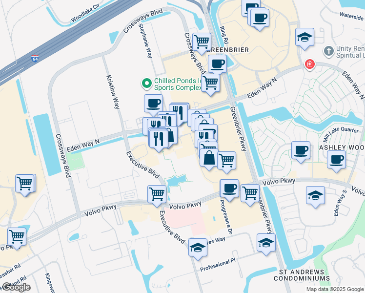 map of restaurants, bars, coffee shops, grocery stores, and more near 745 Eden Way North in Chesapeake