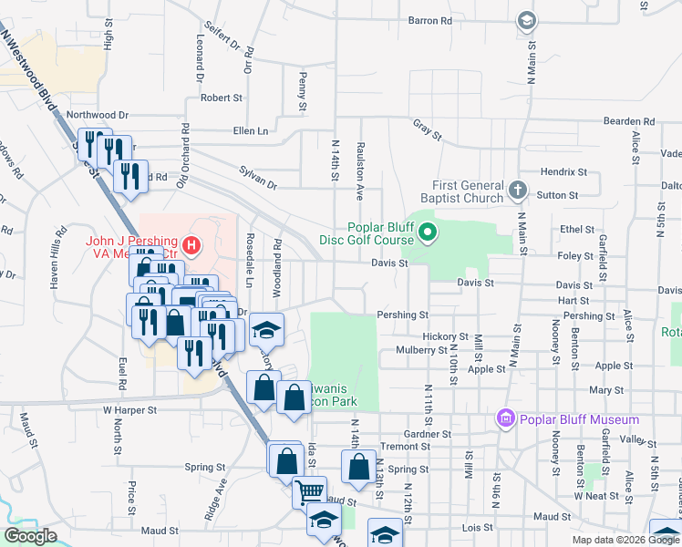 map of restaurants, bars, coffee shops, grocery stores, and more near in Poplar Bluff
