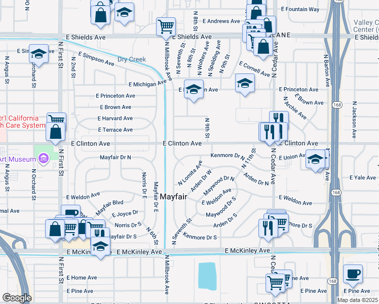 map of restaurants, bars, coffee shops, grocery stores, and more near 3733 Kenmore Drive North in Fresno