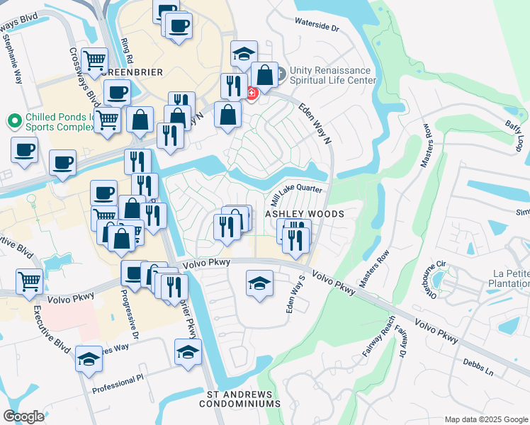 map of restaurants, bars, coffee shops, grocery stores, and more near 1021 Eden Way North in Chesapeake