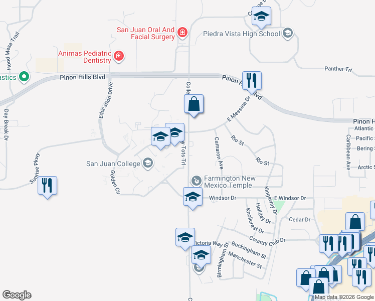 map of restaurants, bars, coffee shops, grocery stores, and more near 4601 College Boulevard in Farmington