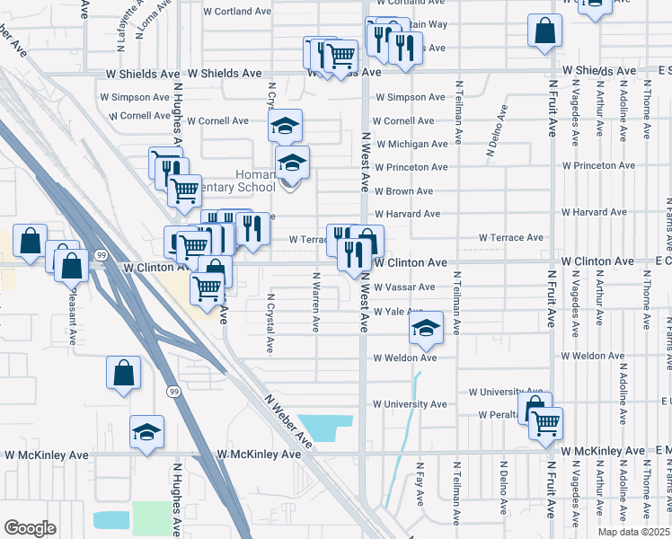 map of restaurants, bars, coffee shops, grocery stores, and more near 1417 West Clinton Avenue in Fresno