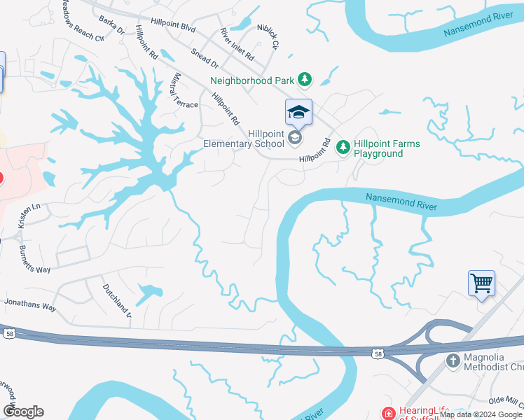 map of restaurants, bars, coffee shops, grocery stores, and more near Adderly Place in Suffolk