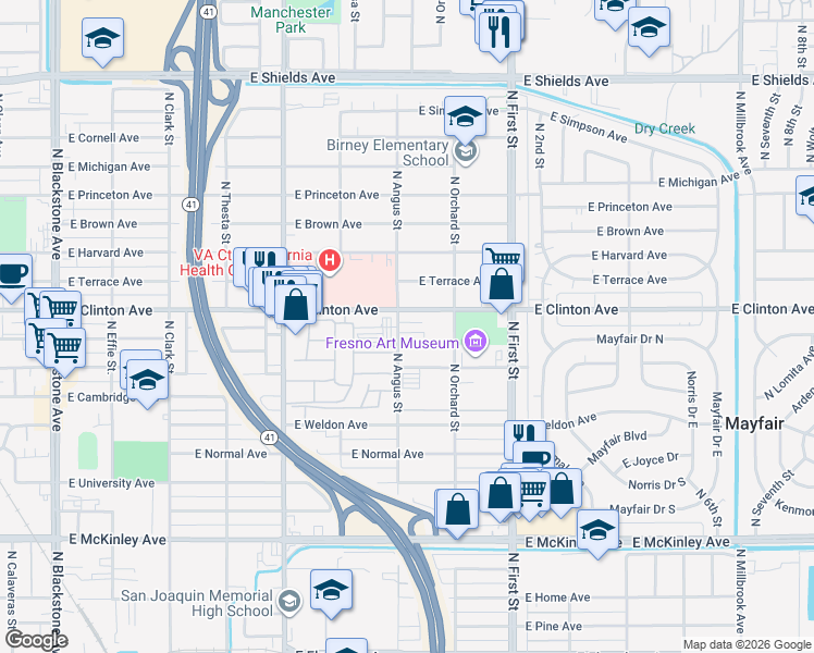 map of restaurants, bars, coffee shops, grocery stores, and more near in Fresno