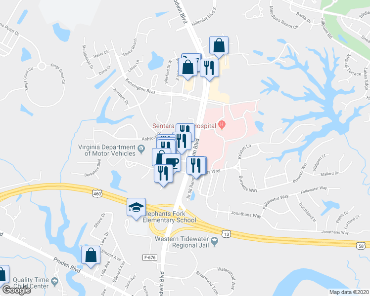 map of restaurants, bars, coffee shops, grocery stores, and more near 2757 Godwin Boulevard in Suffolk