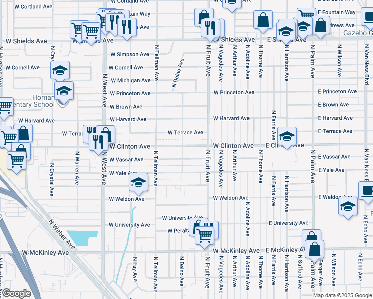 map of restaurants, bars, coffee shops, grocery stores, and more near 645 West Clinton Avenue in Fresno