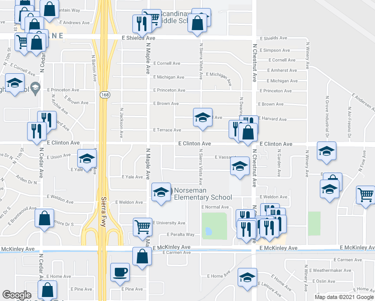map of restaurants, bars, coffee shops, grocery stores, and more near 4675 East Clinton Avenue in Fresno