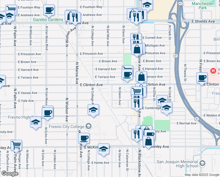 map of restaurants, bars, coffee shops, grocery stores, and more near 1321 East Clinton Avenue in Fresno