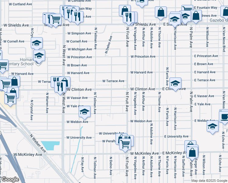 map of restaurants, bars, coffee shops, grocery stores, and more near 704 West Clinton Avenue in Fresno