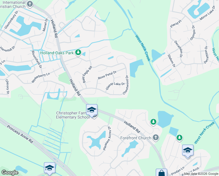 map of restaurants, bars, coffee shops, grocery stores, and more near 1728 Glassy Lake Drive in Virginia Beach