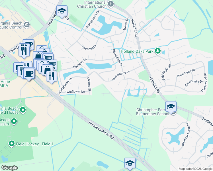map of restaurants, bars, coffee shops, grocery stores, and more near 2012 Basswood Court in Virginia Beach
