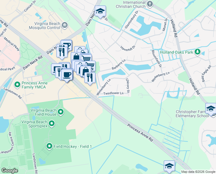 map of restaurants, bars, coffee shops, grocery stores, and more near 3257 Winterberry Lane in Virginia Beach