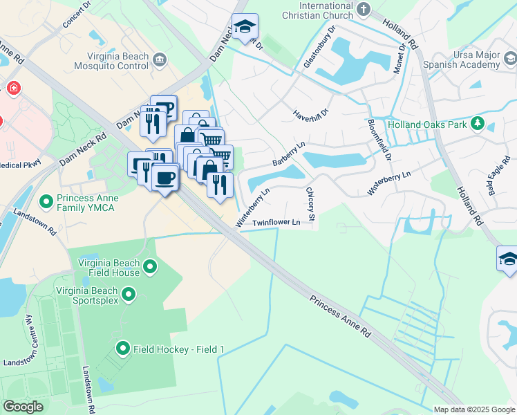 map of restaurants, bars, coffee shops, grocery stores, and more near 3257 Winterberry Lane in Virginia Beach