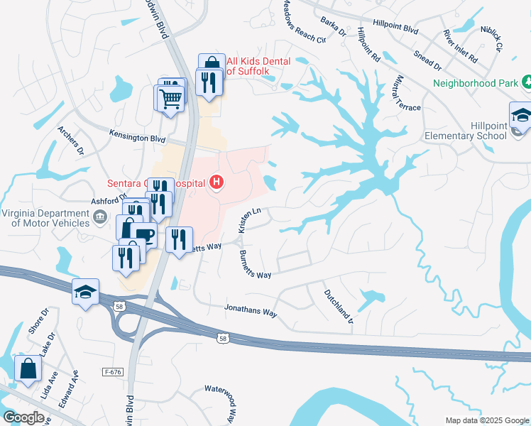 map of restaurants, bars, coffee shops, grocery stores, and more near 134 Kristen Lane in Suffolk