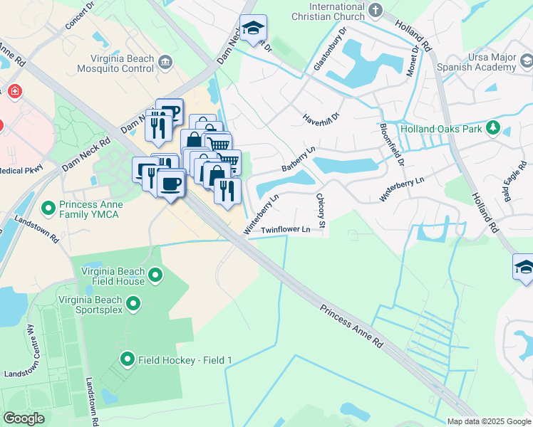 map of restaurants, bars, coffee shops, grocery stores, and more near 3257 Winterberry Lane in Virginia Beach