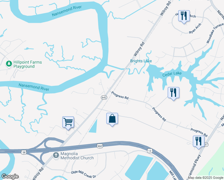 map of restaurants, bars, coffee shops, grocery stores, and more near 2172 Wilroy Road in Suffolk