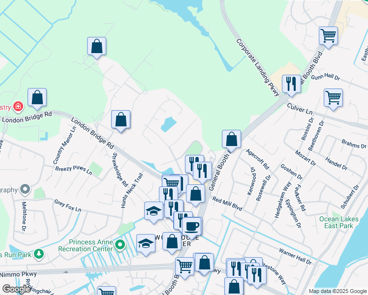 map of restaurants, bars, coffee shops, grocery stores, and more near 1924 Lewisham Way in Virginia Beach