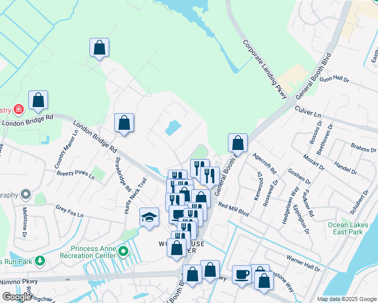 map of restaurants, bars, coffee shops, grocery stores, and more near 1924 Lewisham Way in Virginia Beach