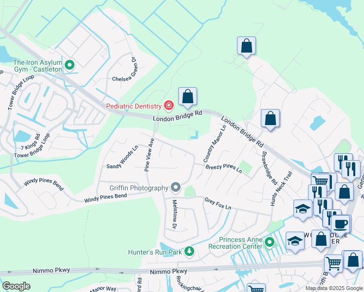 map of restaurants, bars, coffee shops, grocery stores, and more near 2240 Windy Pines Bend in Virginia Beach
